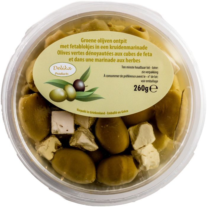D.DELIKA GROENE OLIJVEN MET FETABLOKJES 6X260GR